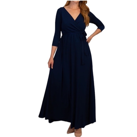 Pink blush Maternity Blue Floor Length Navy Draped Sash Tie Maxi‎ Dress - Picture 1 of 10